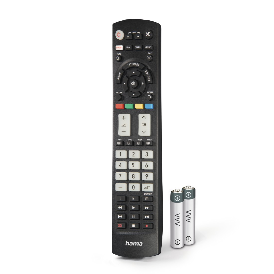 Schwarze TV-Fernbedienung mit vielen Tasten und zwei AAA-Batterien auf weißem Hintergrund.
