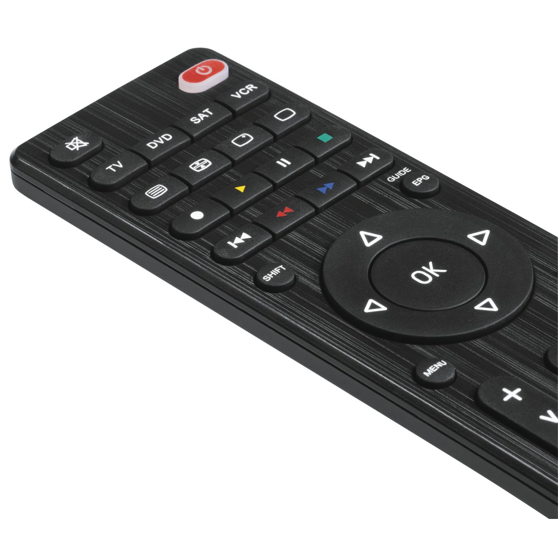 Eine schwarze Fernbedienung mit vielen Tasten, darunter TV, DVD und OK.