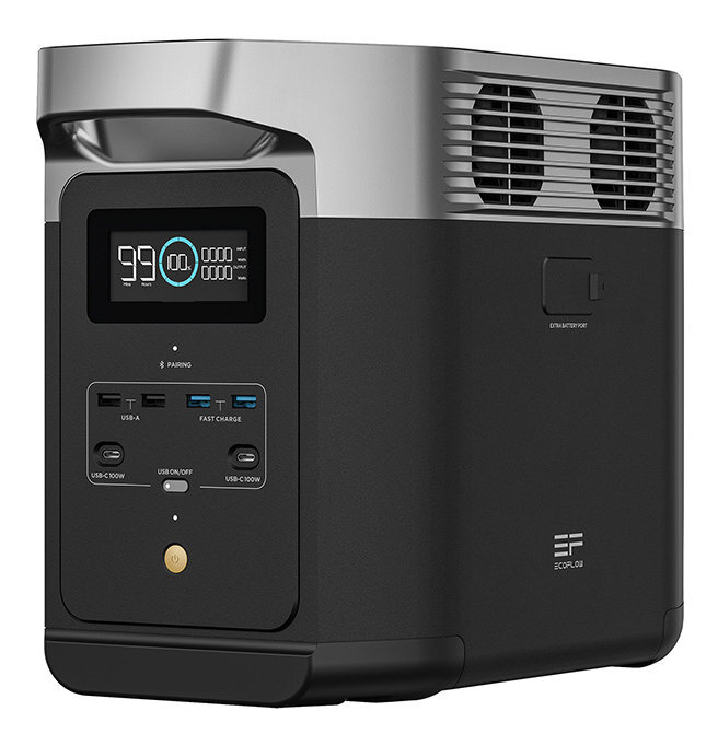 Czarna i srebrna przenośna stacja zasilania z wyświetlaczem cyfrowym.