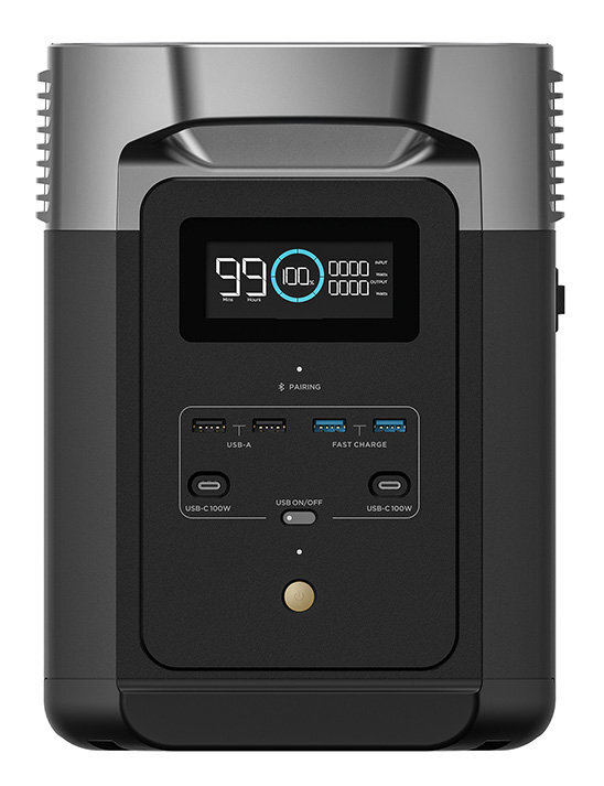 Czarna i srebrna przenośna stacja zasilania z wyświetlaczem pokazującym baterię i porty.
