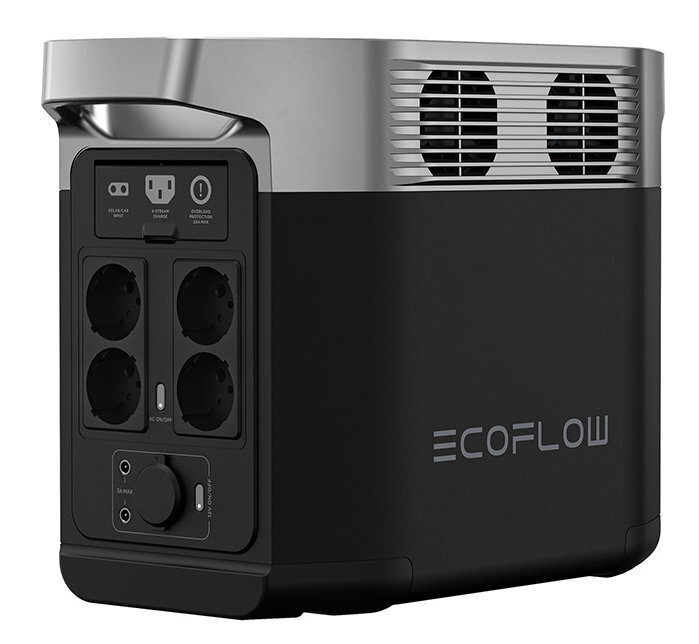 Czarno-szara przenośna stacja zasilania z różnymi portami i wyświetlaczem cyfrowym. Widoczna nazwa marki.