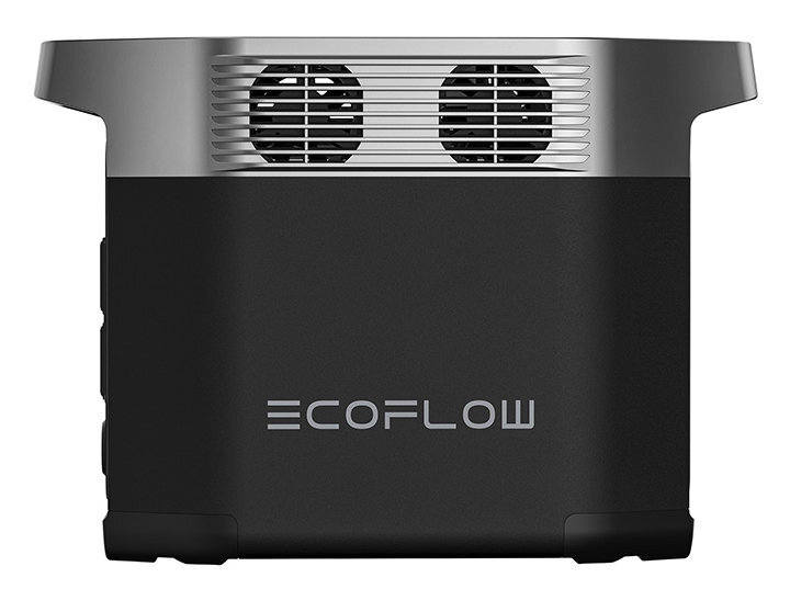 Czarno-srebrna przenośna stacja zasilania. Posiada kratki wentylacyjne i logo ECOFLOW na przodzie.