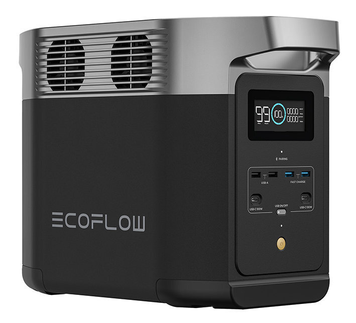 Czarna i srebrna przenośna stacja zasilania z cyfrowym wyświetlaczem i różnymi portami.