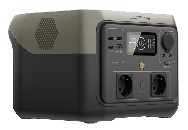 Przenośna stacja zasilania, szara i czarna, z cyfrowym wyświetlaczem i wieloma portami.
