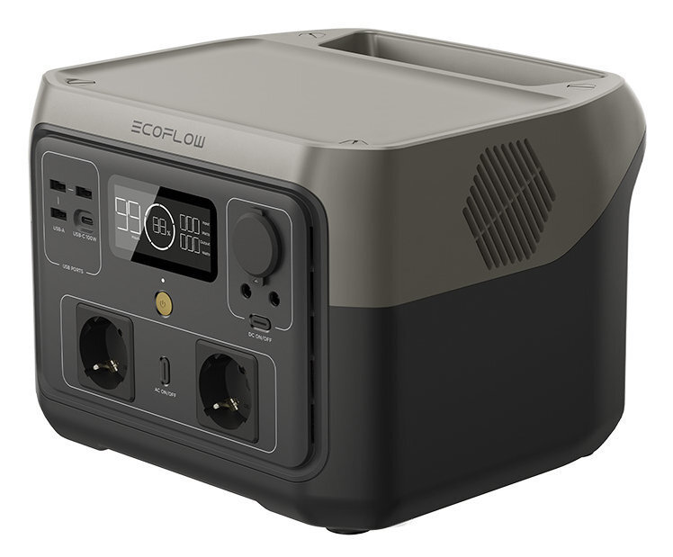 Stacja zasilania EcoFlow z ekranem i gniazdami, szara i czarna.