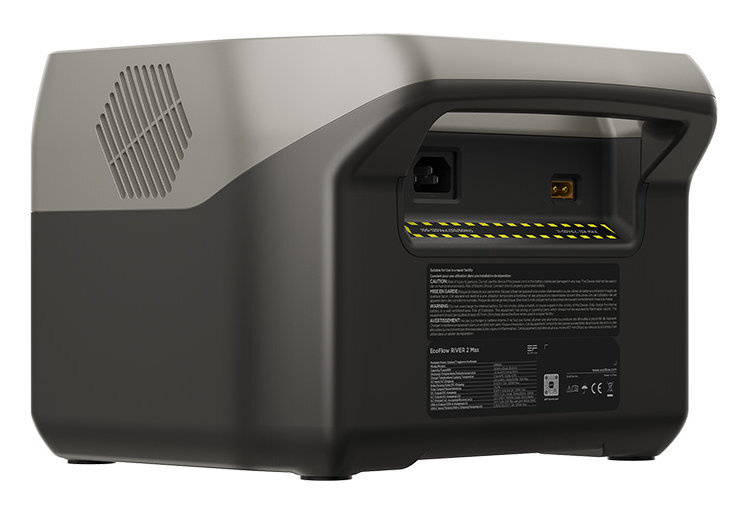 Czarno-szara elektrownia z portami i etykietami ostrzegawczymi.