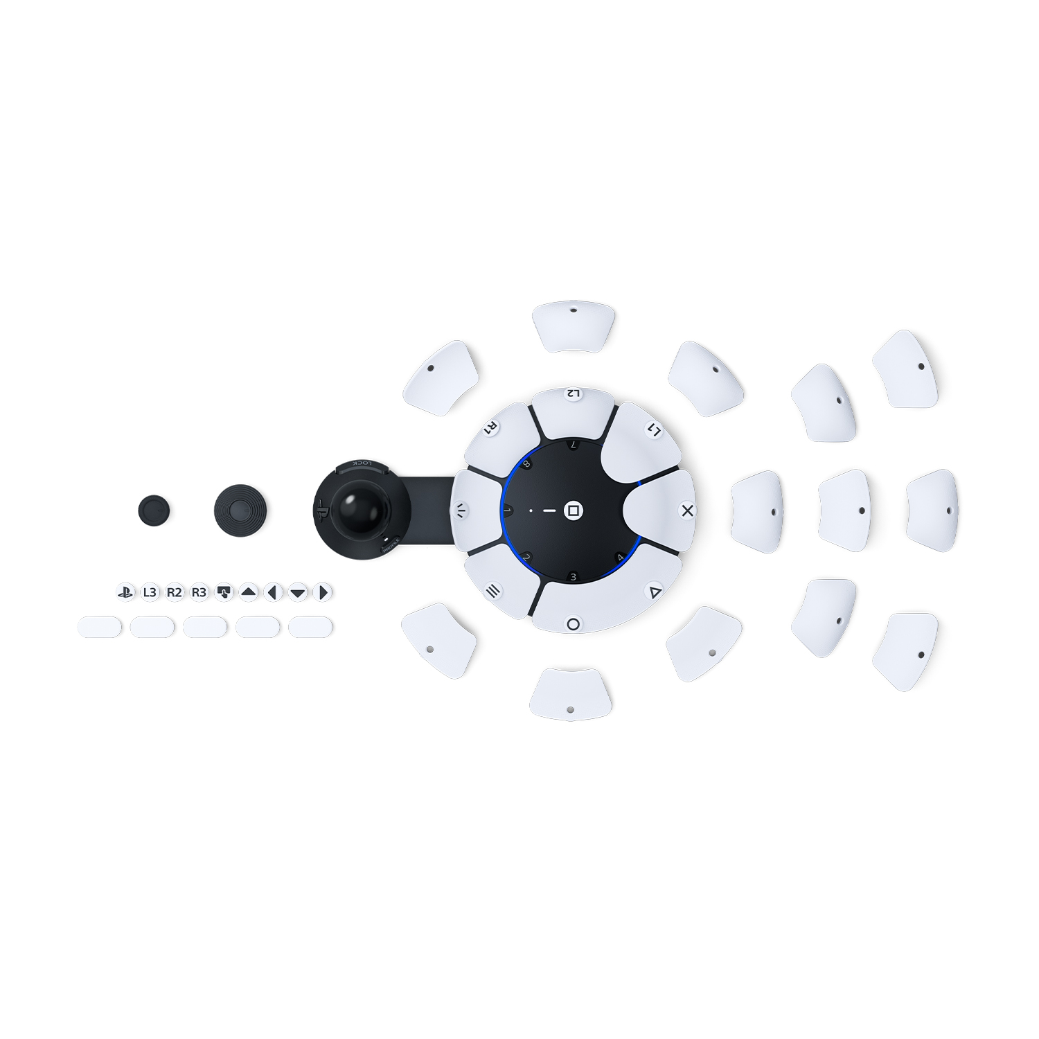 Controller PlayStation con pulsanti e trackball. Colore bianco, con dettagli neri.
