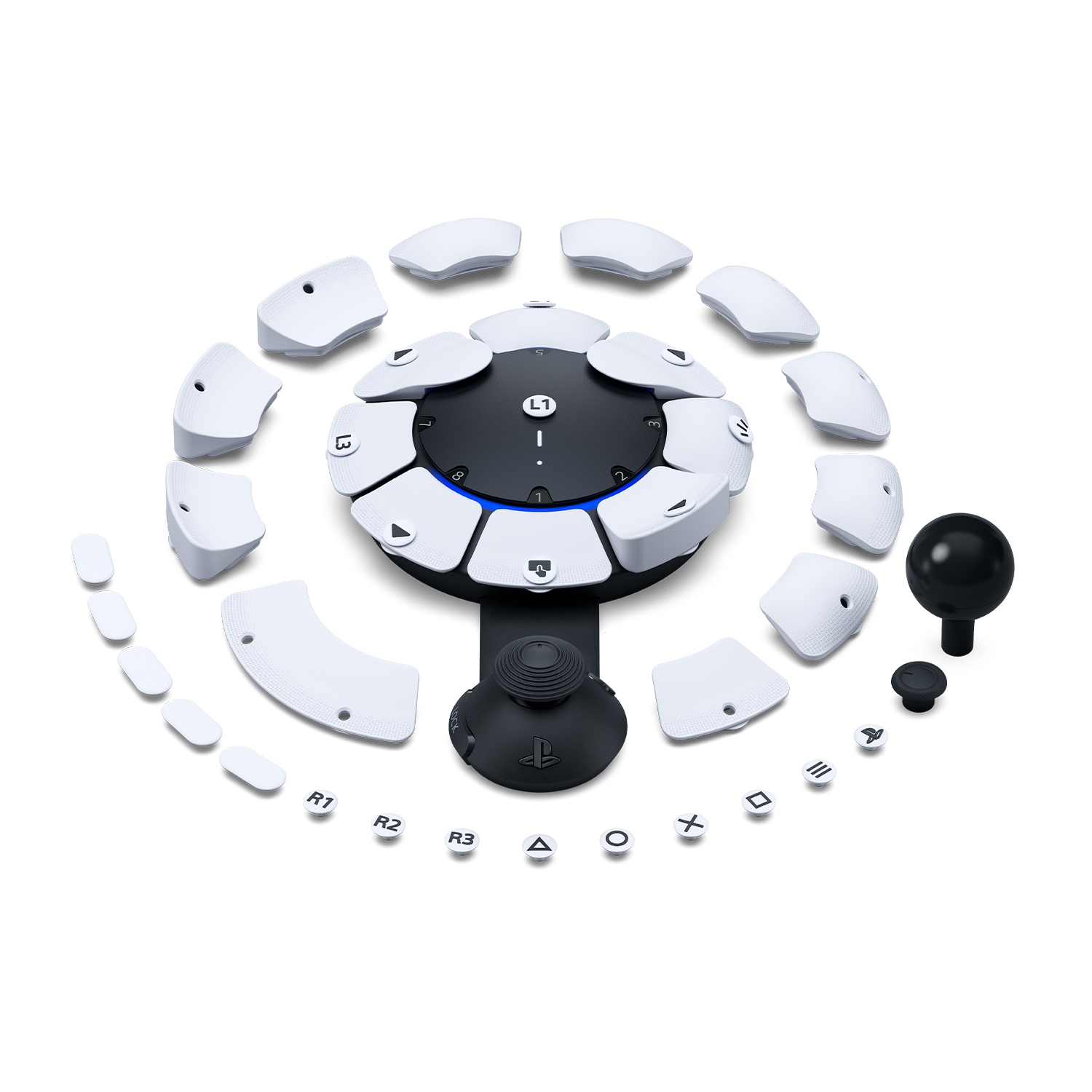 Un controller di accessibilità PlayStation con vari pulsanti e parti, su una superficie bianca.