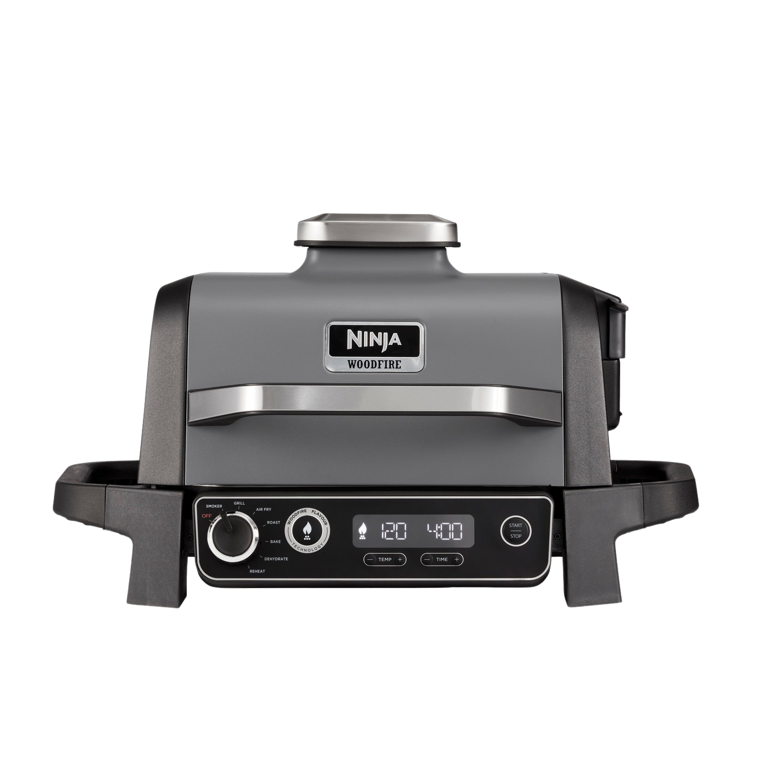 Grijze Ninja Woodfire grill met een digitaal display en bediening.