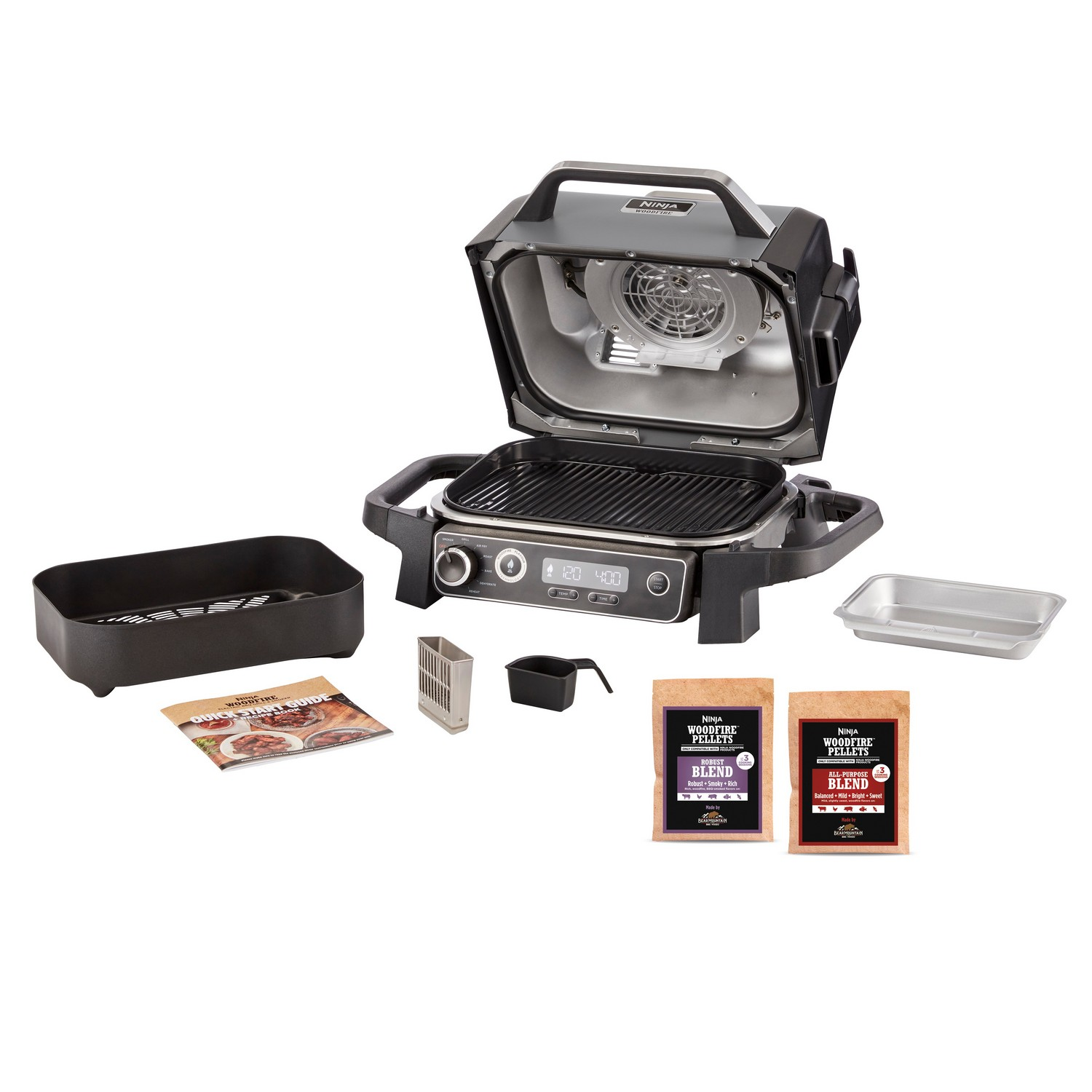 Ninja Woodfire grill met accessoires. Inclusief pellets en een receptenboek. Open bovenkant.