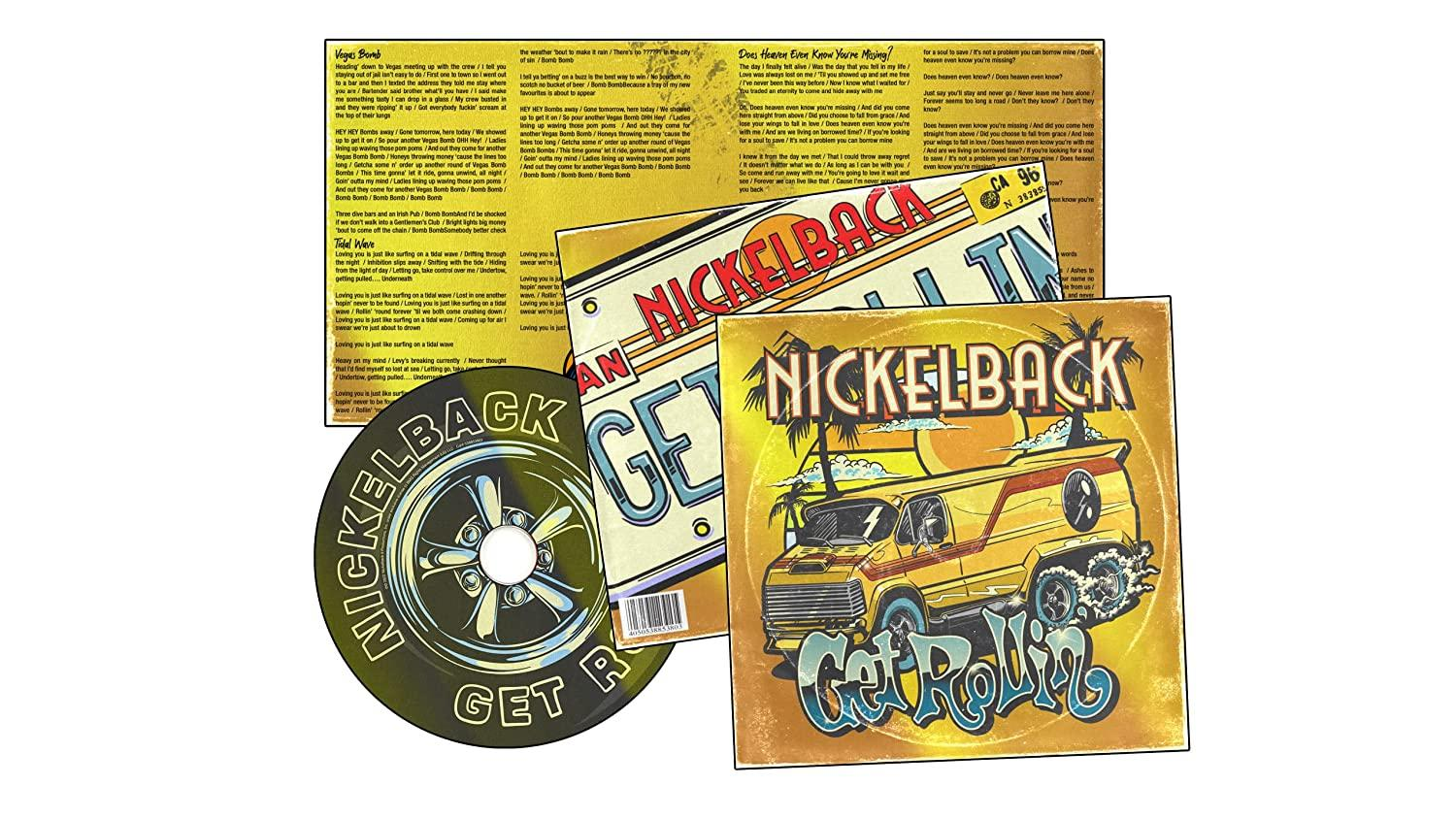 Couverture d'album et CD de 'Get Rollin' de Nickelback, avec feuilles de paroles.