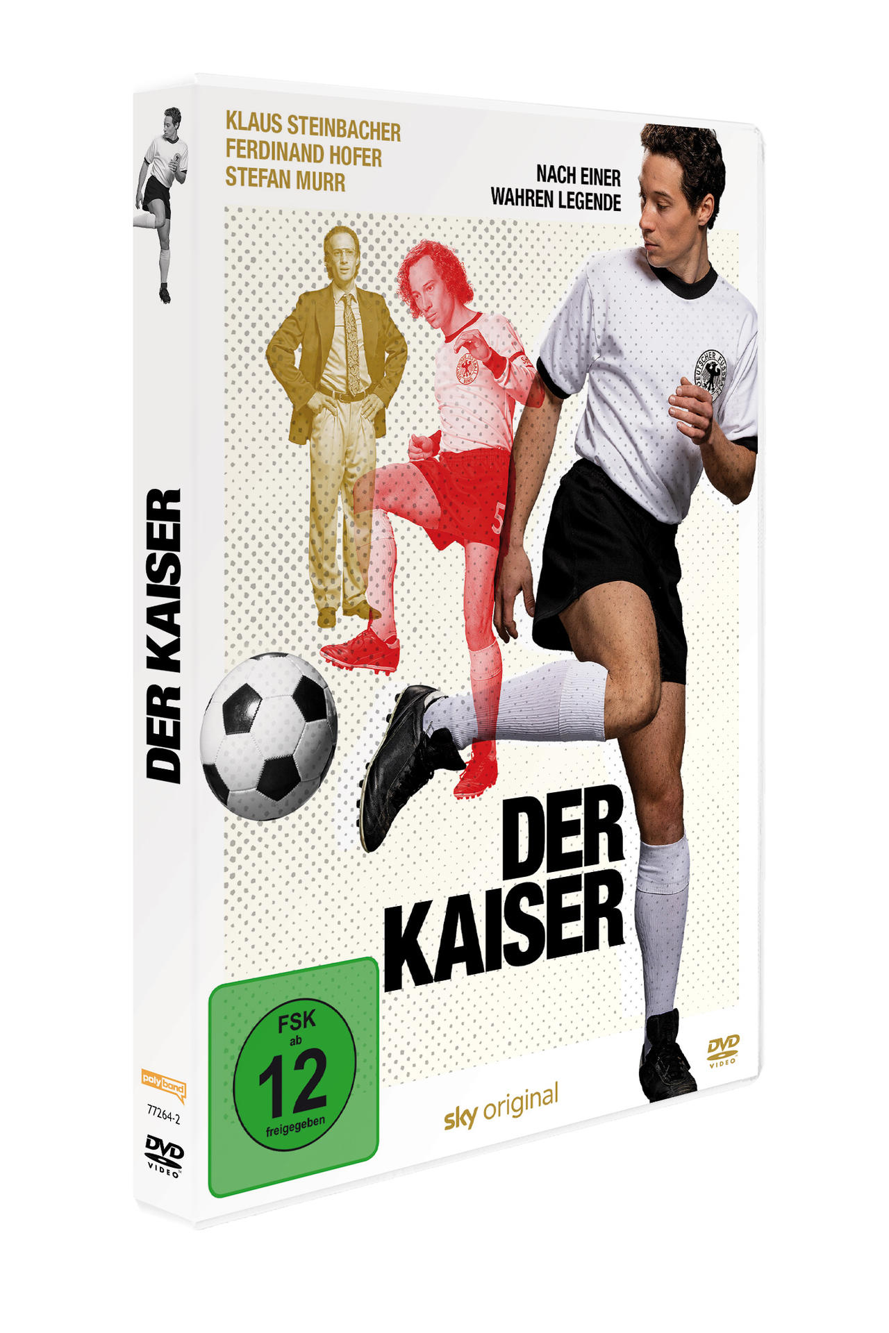 DVD-Hülle. Sie zeigt einen Mann in Fußballkleidung, mit einem Ball und anderen Figuren.