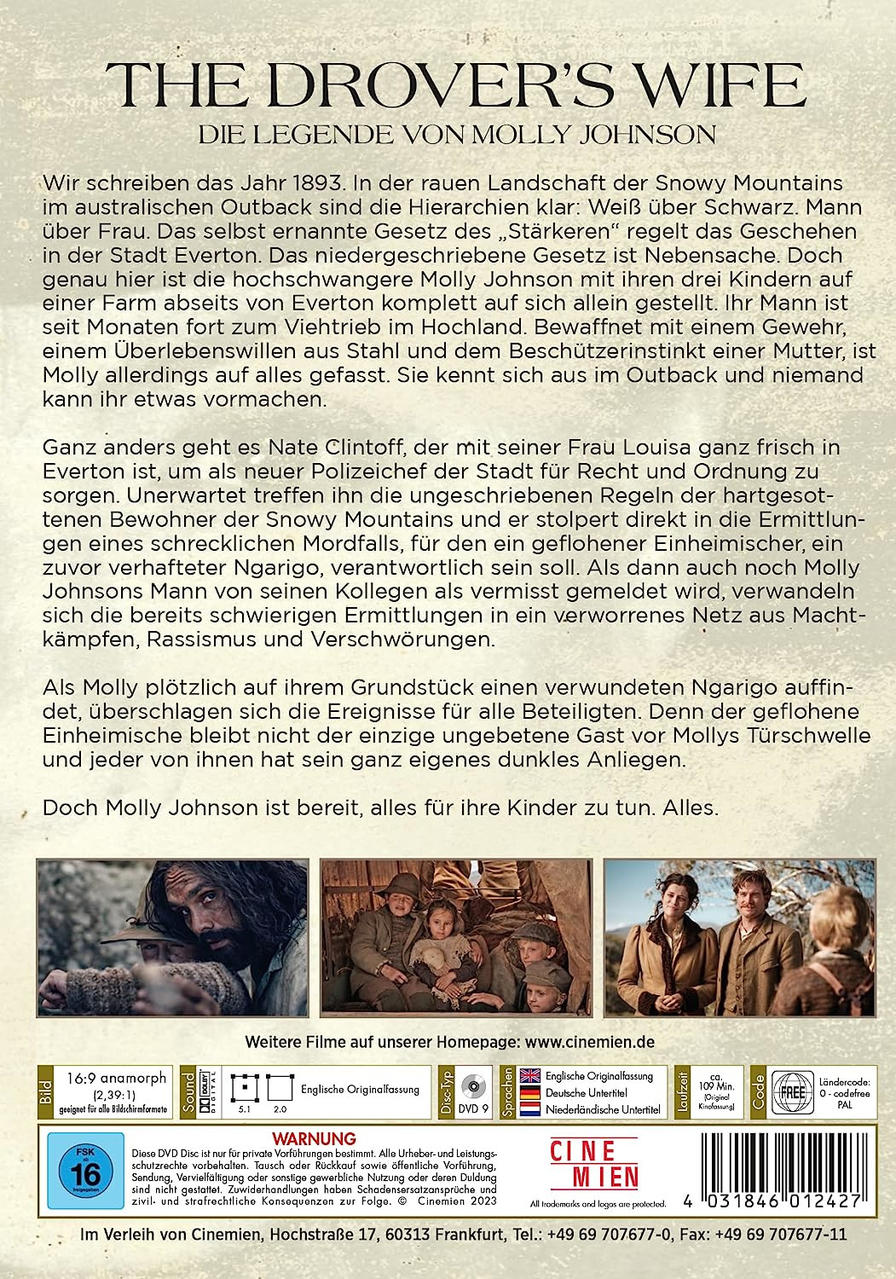Die Rückseite einer DVD-Hülle für einen Film mit dem Titel 'The Drover's Wife'.