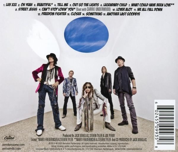 Albumcover mit Aerosmith-Bandmitgliedern. Blauer Kreis Hintergrund, Songtitel.