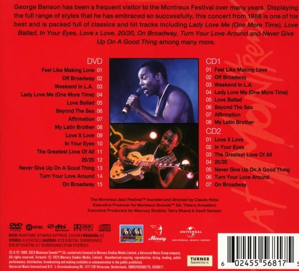 Die Rückseite einer CD- und DVD-Hülle. Der Text beschreibt George Bensons Karriere mit Titellisten und Bildern.