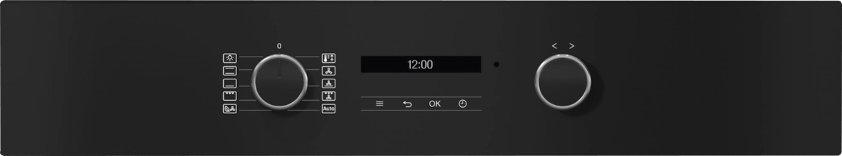 Ein Bedienfeld eines Ofens, mit Drehknöpfen, Tasten, einem Display mit 12:00 und Symbolen.