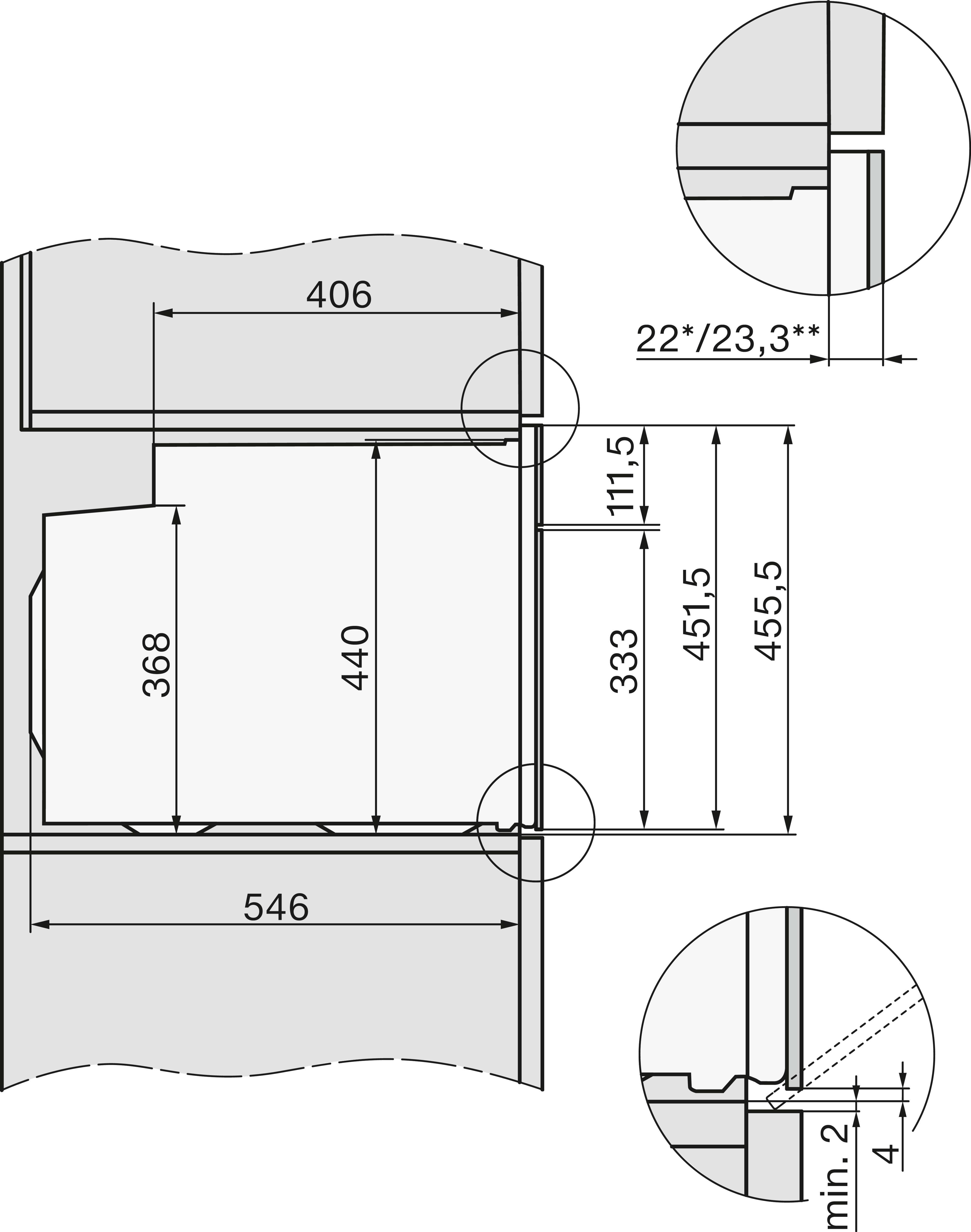 Diagramm mit Abmessungen, das eine Schranköffnung zeigt. Die Maße sind in Millimetern angegeben.