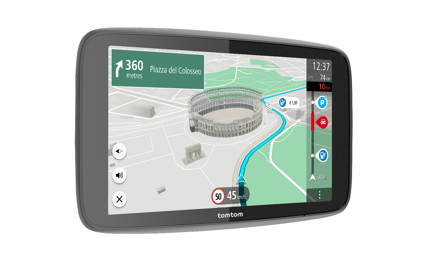 Ein GPS-Gerät, das eine Karte einer Stadt mit dem Kolosseum anzeigt.