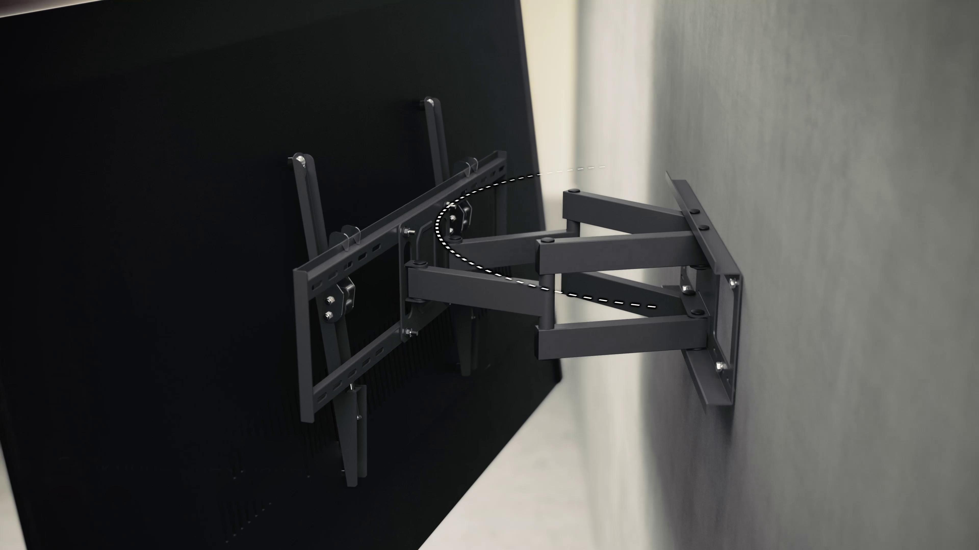 Eine schwarze TV-Halterung ist an einer weißen Wand befestigt. Die Halterung ist abgewinkelt.