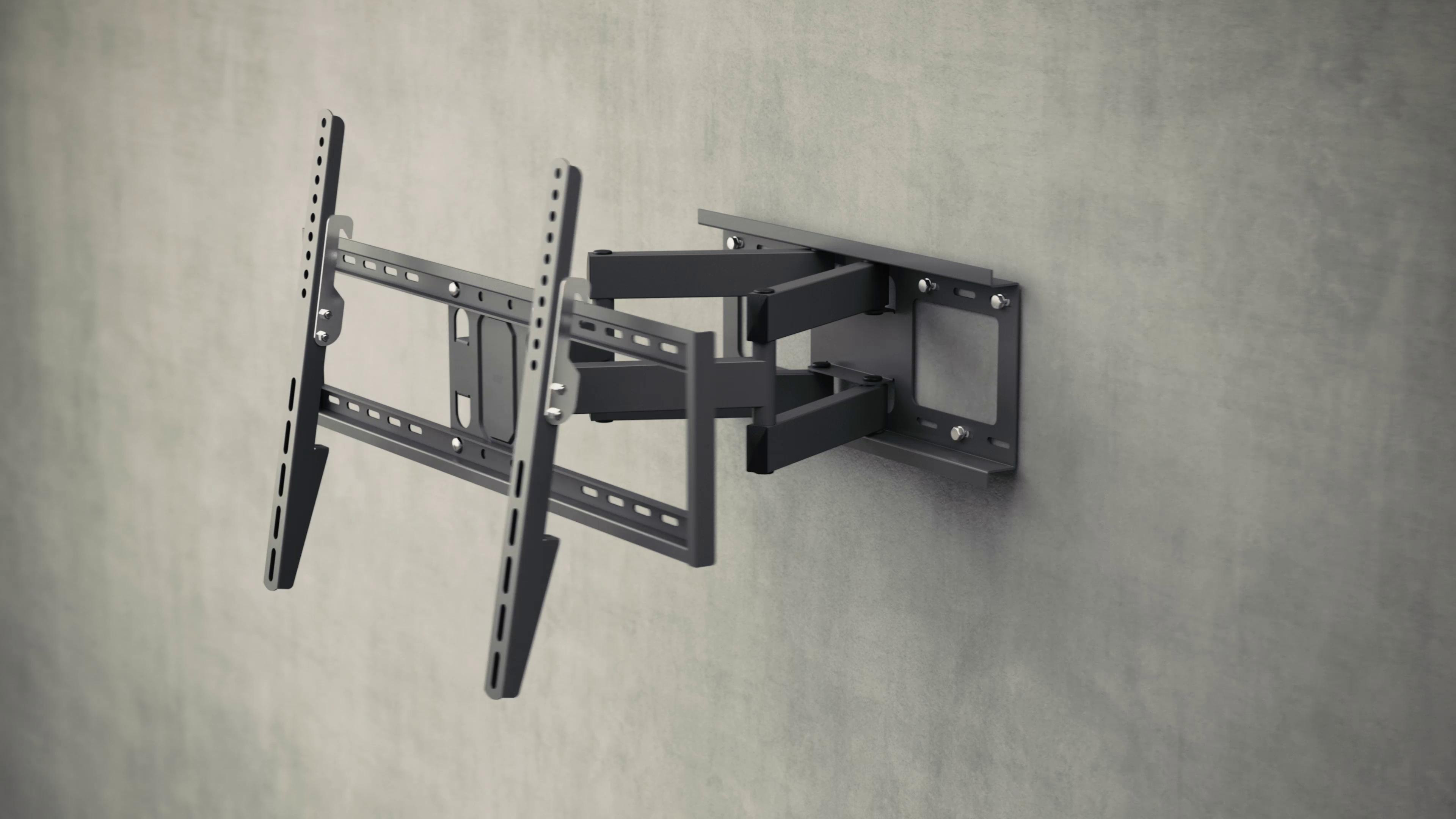 Eine schwarze TV-Wandhalterung an einer grauen Wand. Die Halterung ist ausgefahren, die Arme sind sichtbar.