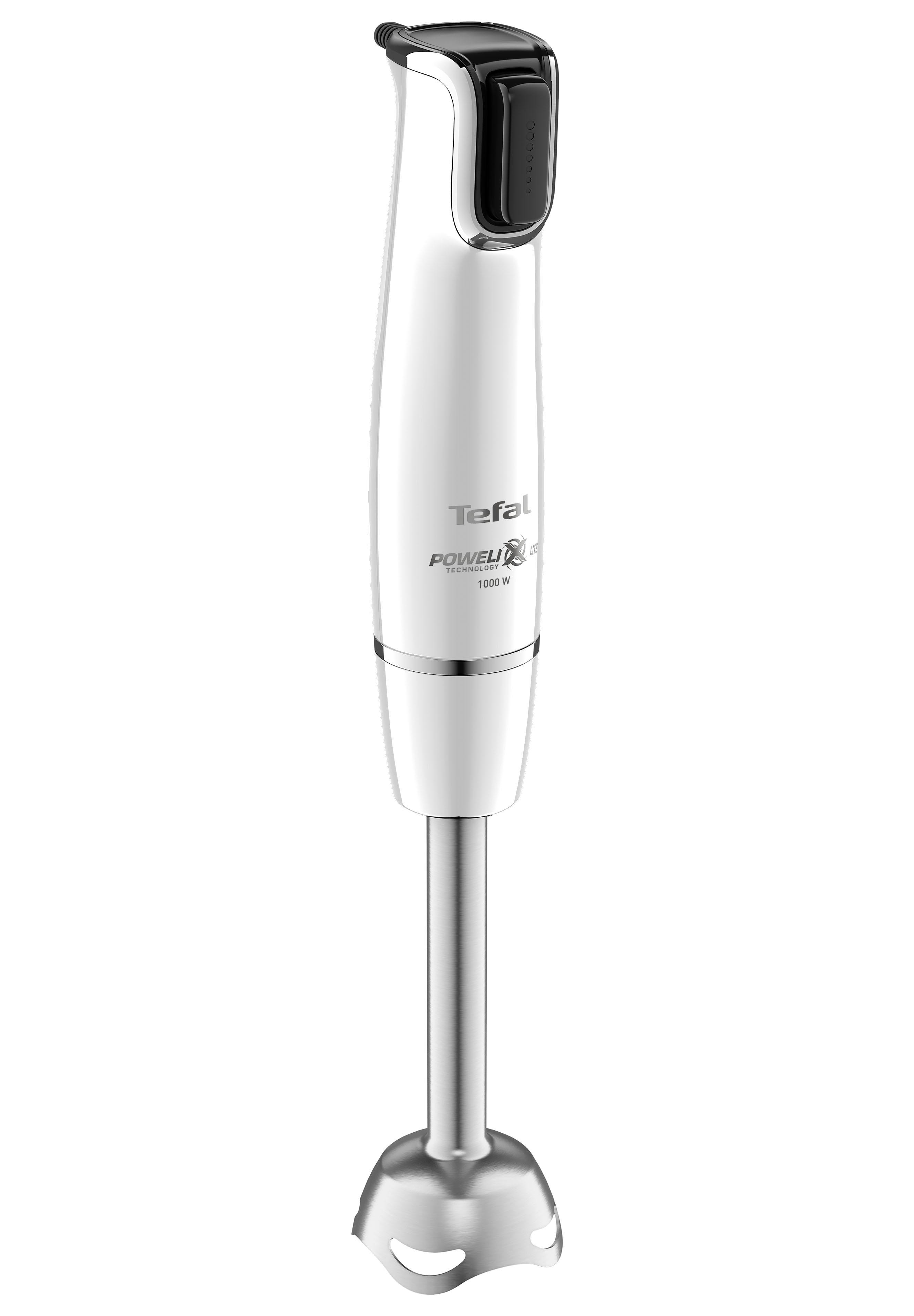 Ein weißer Tefal-Stabmixer mit silbernem Mixkopf und schwarzer oberer Taste.