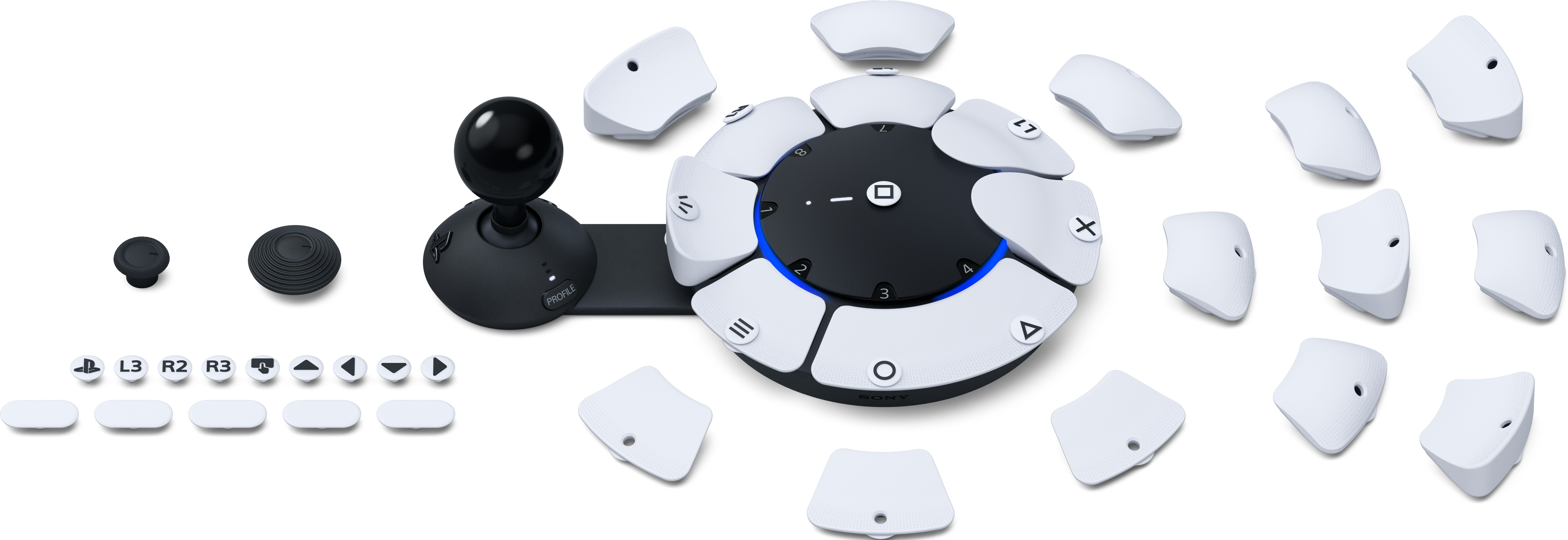 Un controller di gioco nero con vari pulsanti e componenti.