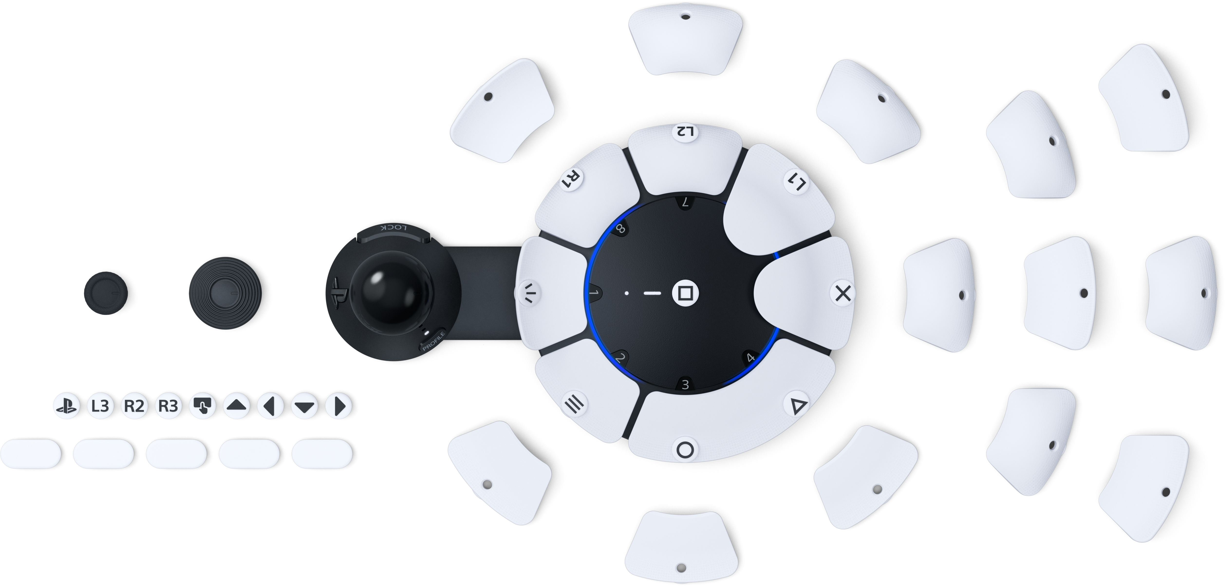 Parti del controller: joystick nero, pulsanti e pulsanti bianchi. Alcuni pulsanti sono etichettati con simboli.