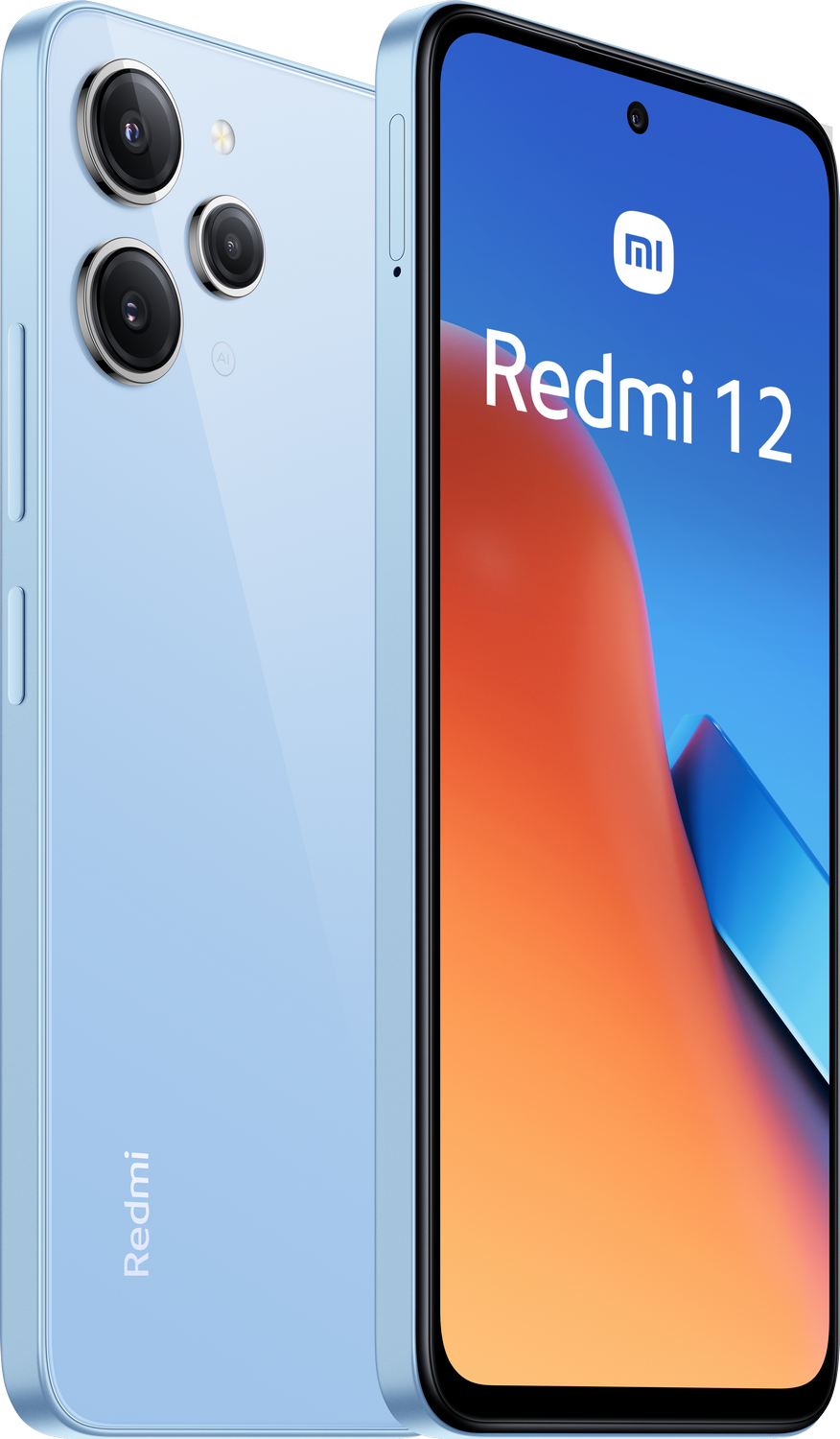Teléfono azul claro con tres cámaras traseras, una pantalla y un logotipo de Xiaomi. Se muestra el Redmi 12.