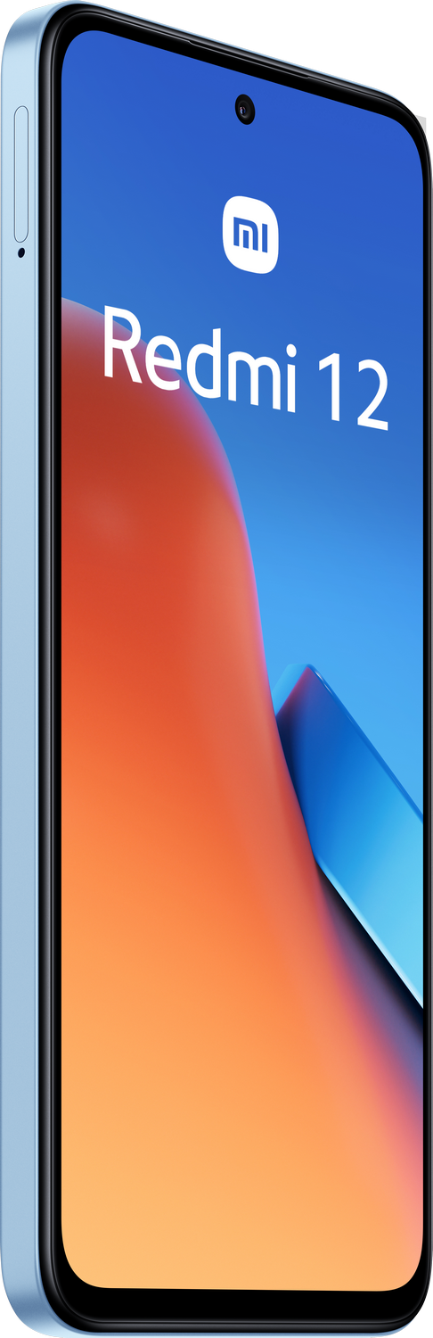 Smartphone azul celeste, con logo Redmi y fondo azul y naranja.