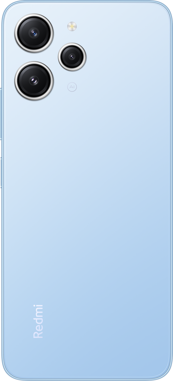 Parte trasera azul de un smartphone con tres cámaras y un logotipo de Redmi.