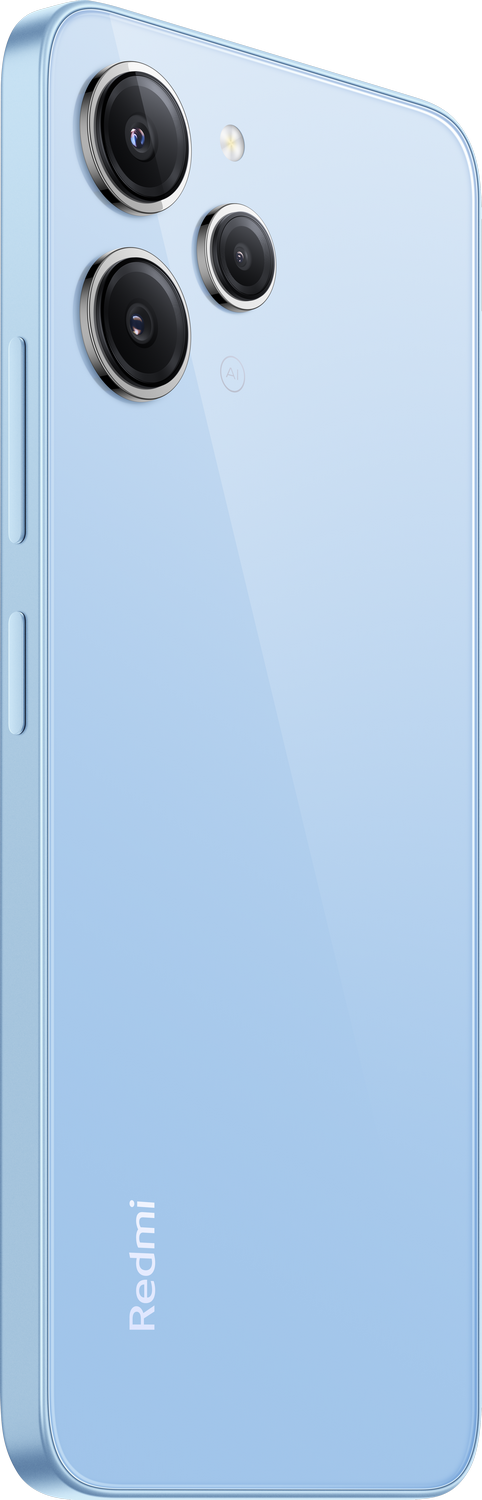 Smartphone azul claro. Muestra múltiples cámaras en la parte trasera. Tiene un acabado brillante. La marca es Redmi.
