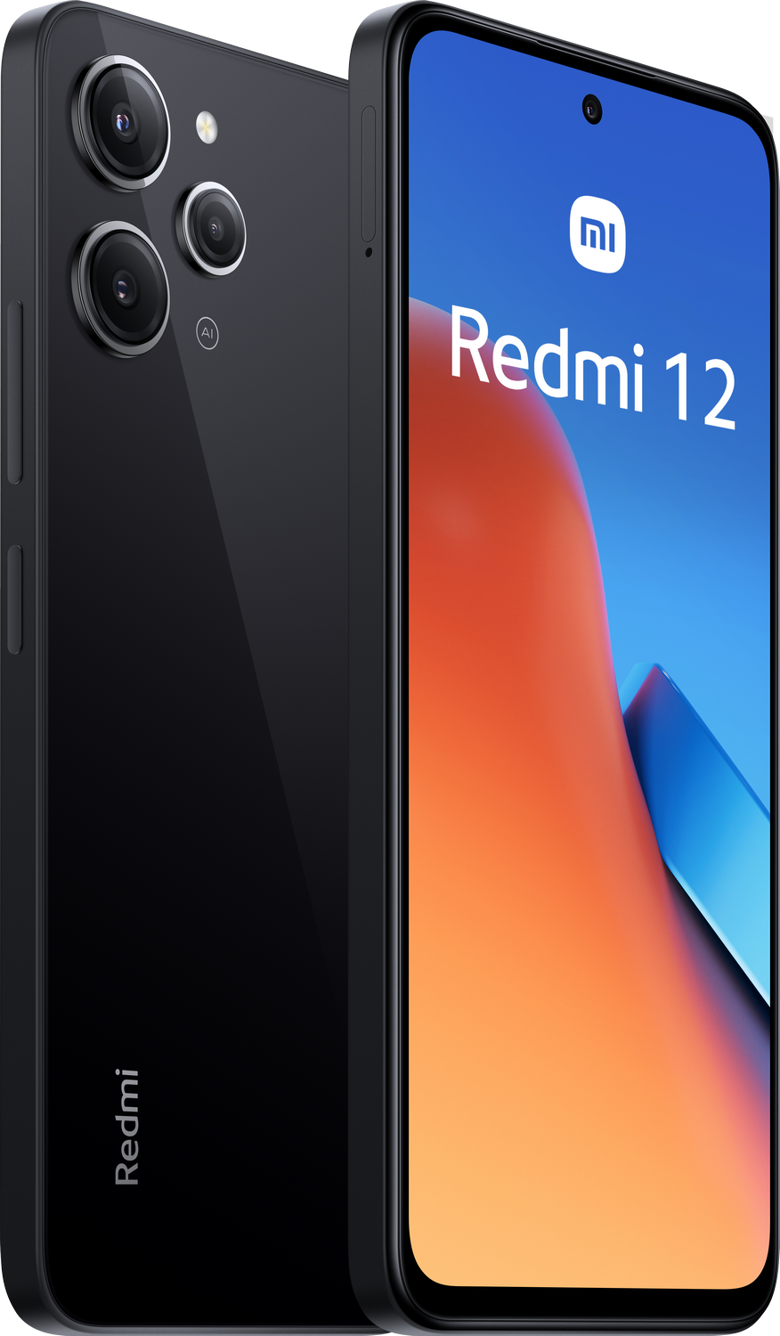 Teléfono Xiaomi Redmi 12 negro, mostrando la parte trasera con triple cámara y la pantalla frontal.