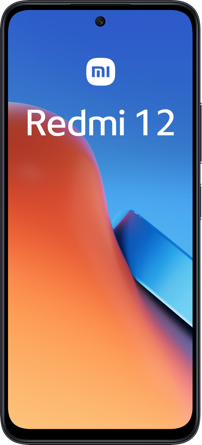 Smartphone Redmi 12 negro. Pantalla muestra fondo abstracto naranja y azul con texto blanco.