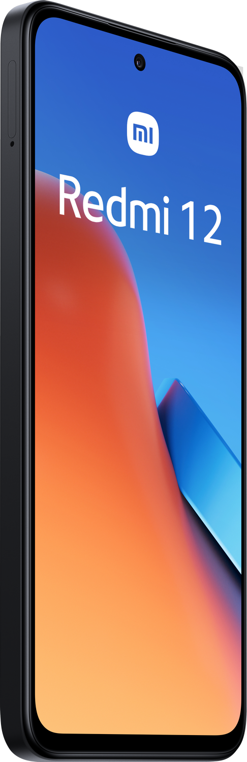Un teléfono inteligente Xiaomi Redmi 12 negro, en ángulo, que muestra la pantalla y el perfil lateral.