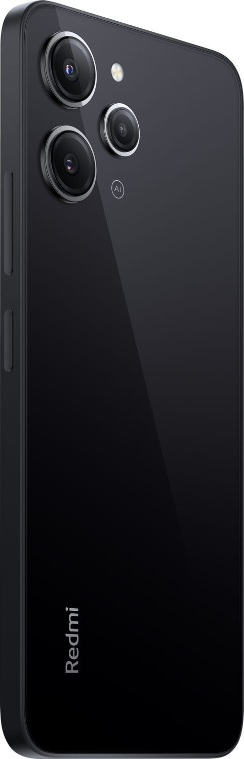 Smartphone negro con tres cámaras traseras, logotipo de Redmi y vista en ángulo ligero.