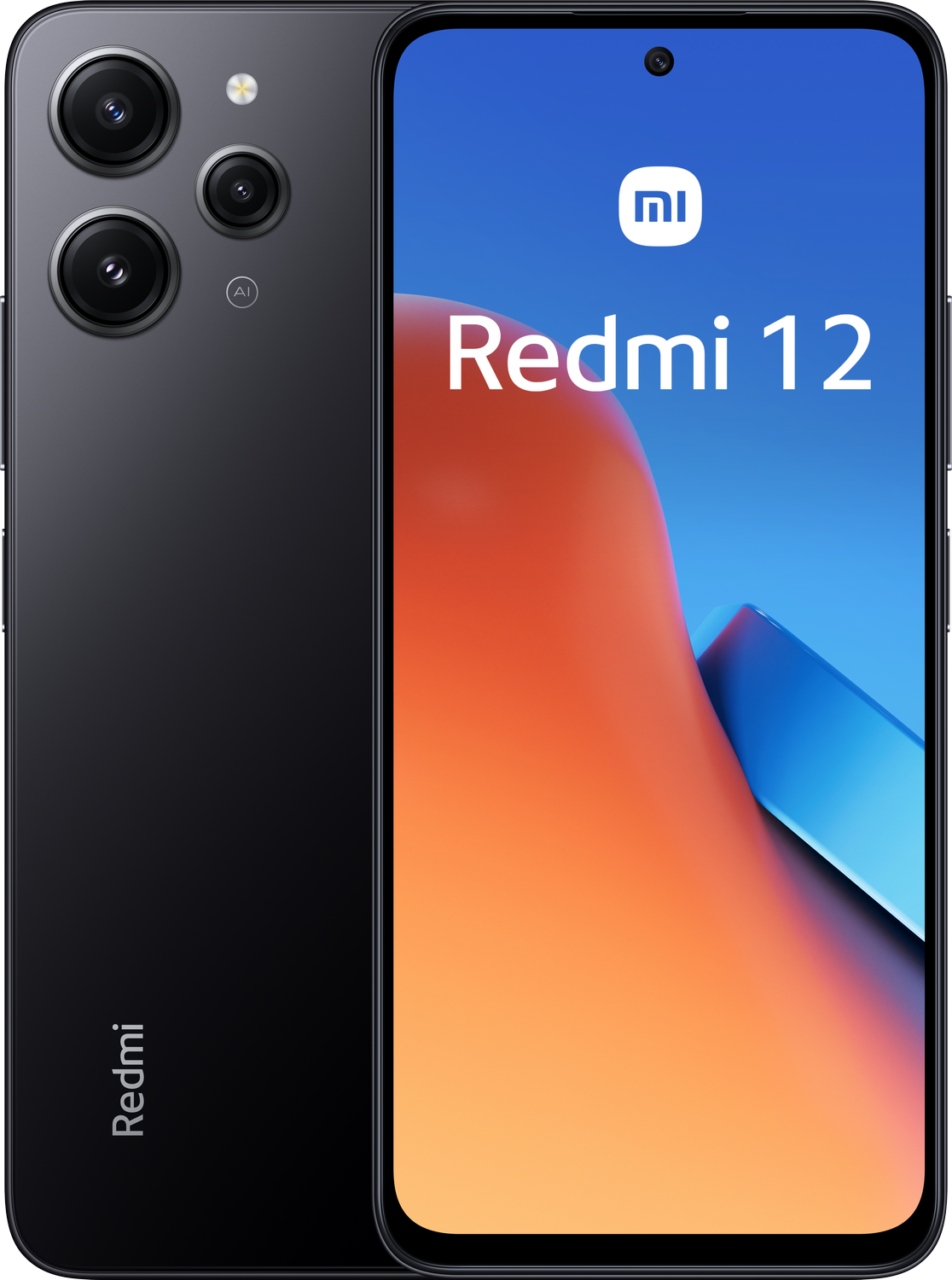 Smartphone Redmi 12 negro sobre un fondo blanco. El teléfono muestra una pantalla con degradado naranja y azul.