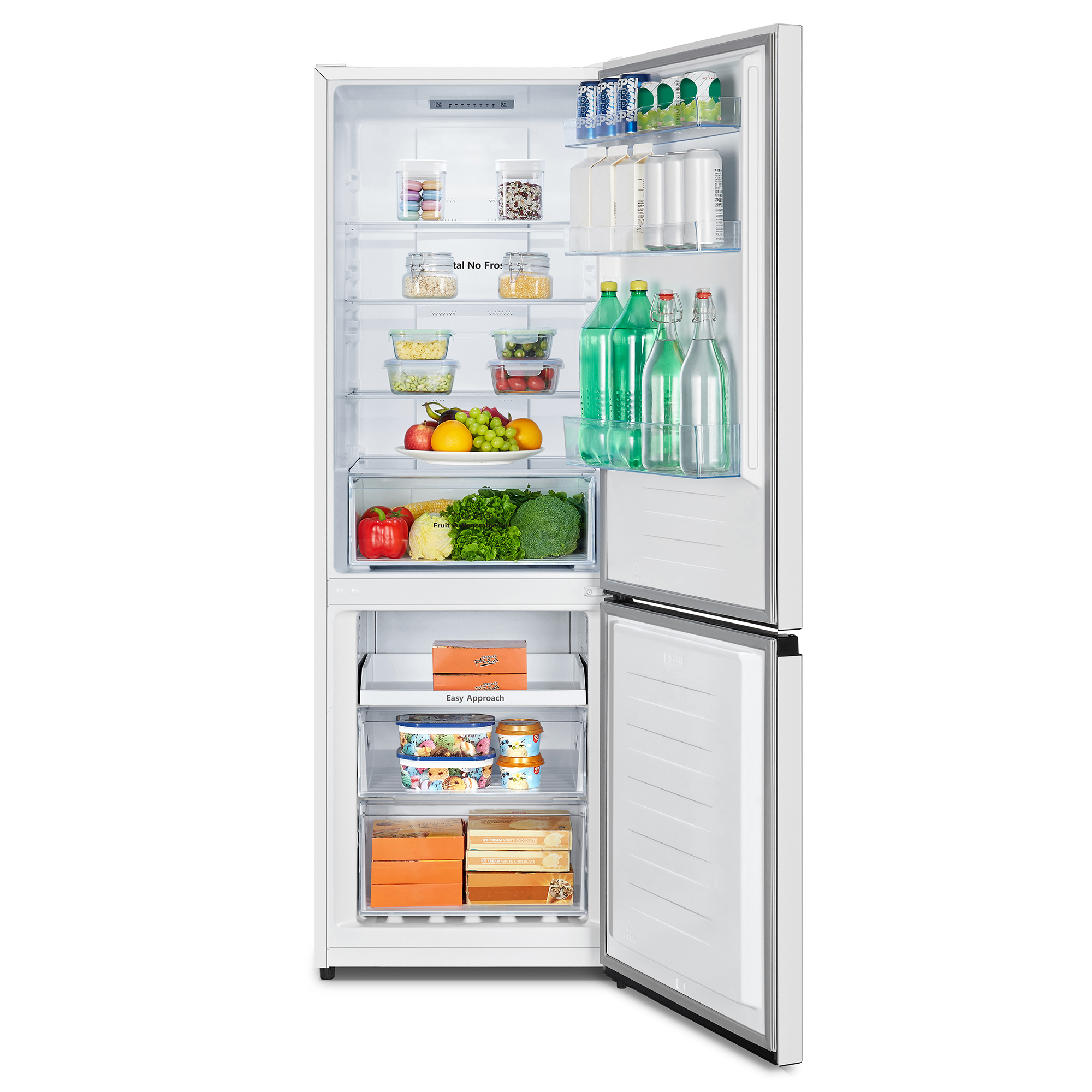 Refrigerador abierto con alimentos. Contiene frutas, verduras, bebidas y comidas preparadas.