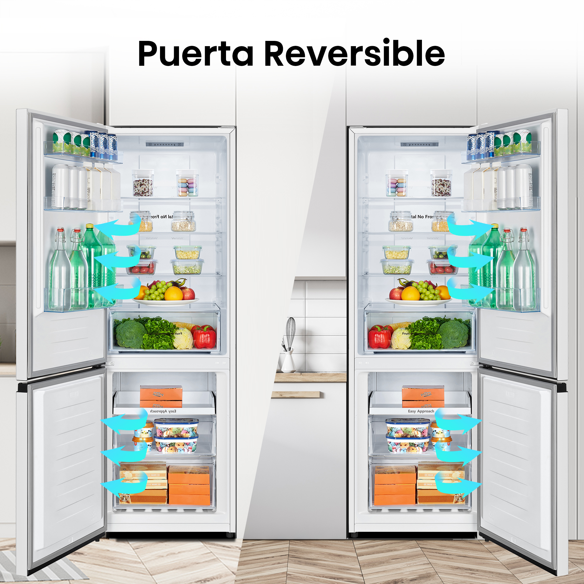 Refrigerador de doble puerta abierto, mostrando estantes con comida. Flechas indican puerta reversible.