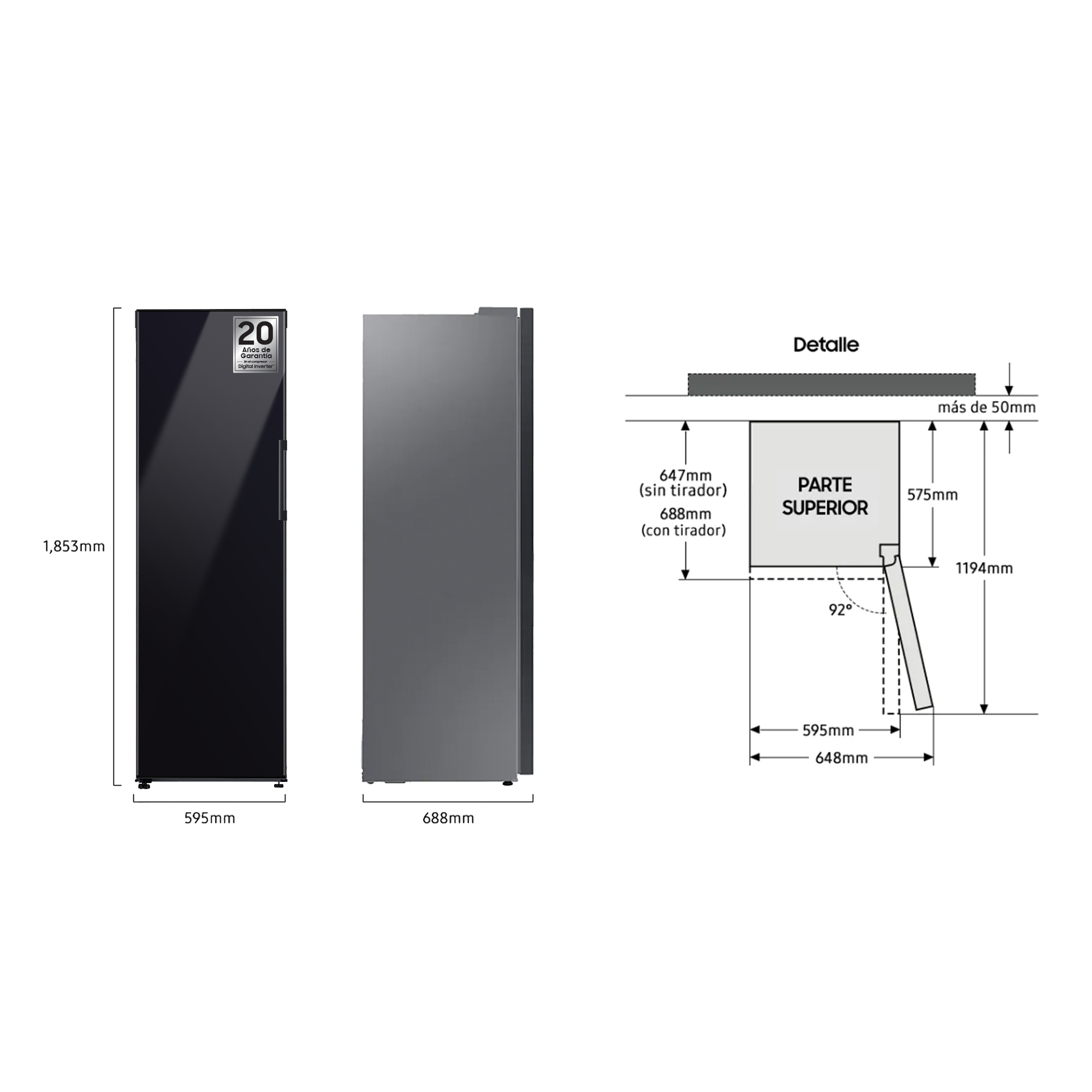 Congelador vertical - SAMSUNG BESPOKE RZ32A748522/EF, 323l, 185.3 cm, No Frost, Metal Cooling, Convertible, Negro