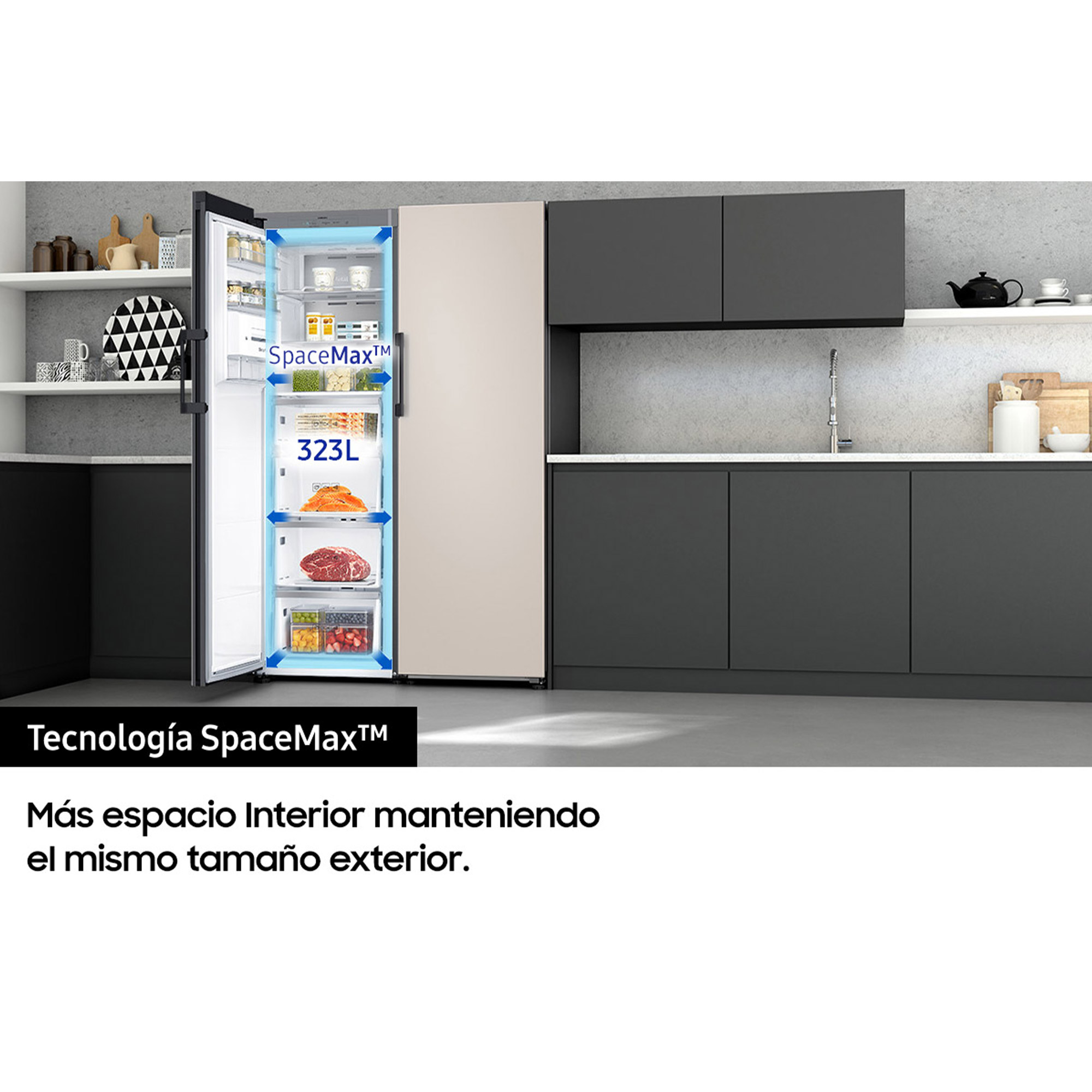 Congelador vertical - SAMSUNG BESPOKE RZ32A748522/EF, 323l, 185.3 cm, No Frost, Metal Cooling, Convertible, Negro