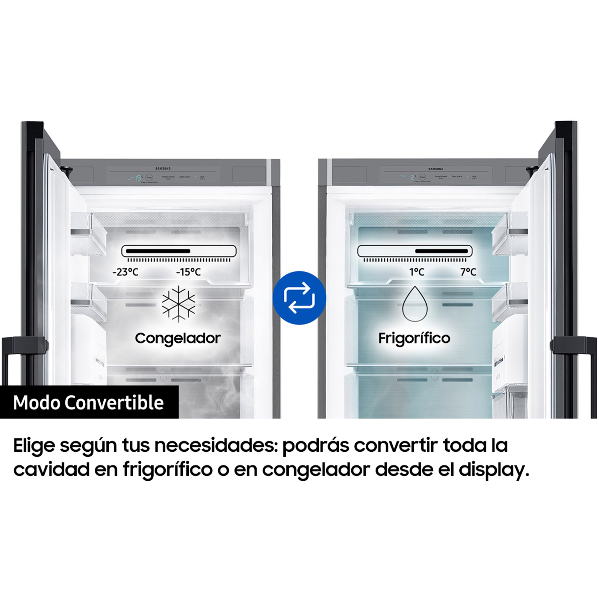 Congelador vertical - SAMSUNG BESPOKE RZ32A748522/EF, 323l, 185.3 cm, No Frost, Metal Cooling, Convertible, Negro