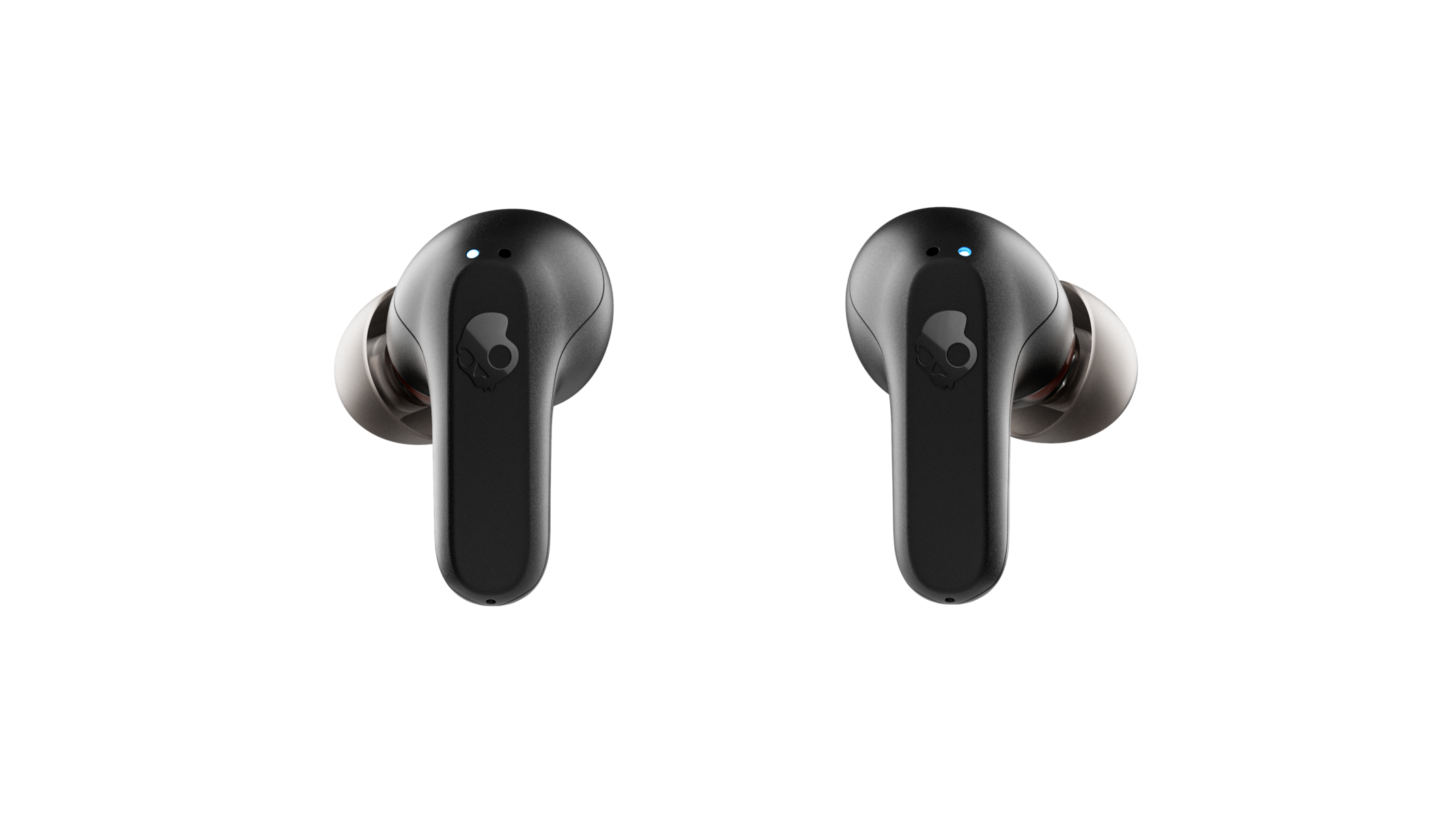 Fekete fülhallgatók Skullcandy logóval. Fekete háttér.
