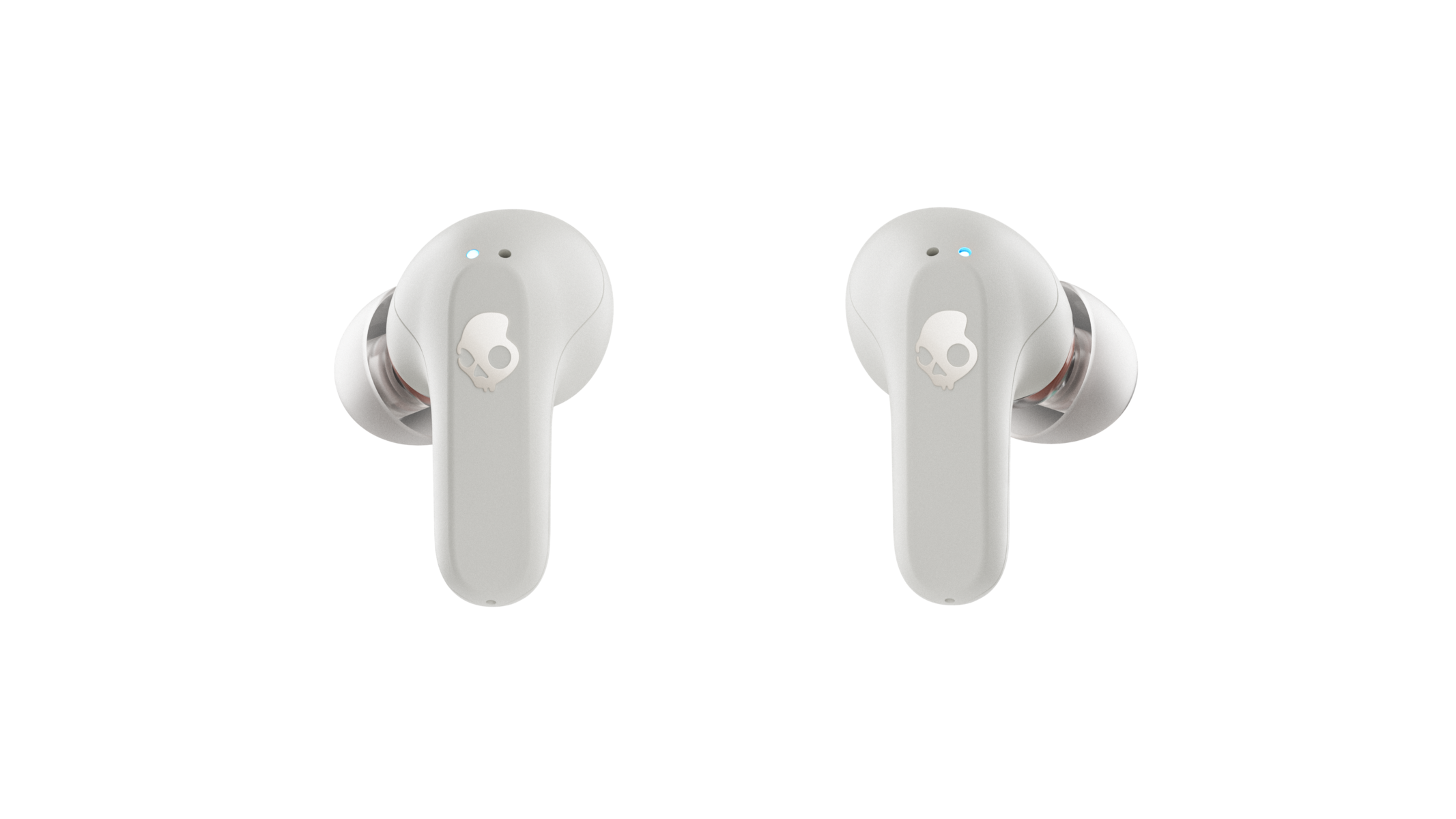 Két fehér Skullcandy fülhallgató feketén, kék fényekkel.