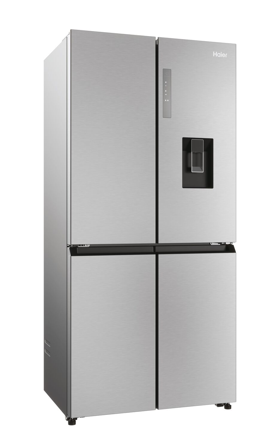 Un refrigerador Haier de acero inoxidable con cuatro puertas.