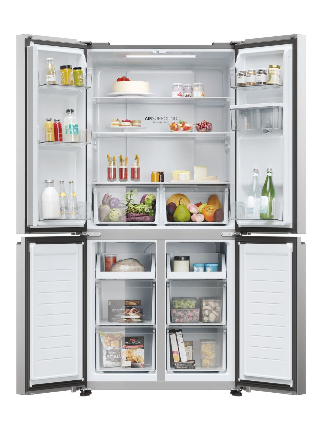 Refrigerador abierto con alimentos. Se exhiben frutas, verduras, bebidas y otros productos alimenticios.
