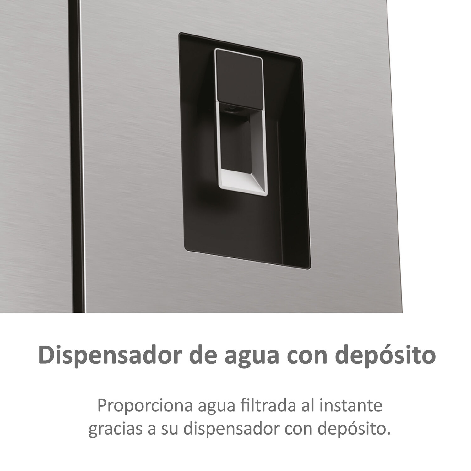 Primer plano de un dispensador de agua de refrigerador con texto en español.