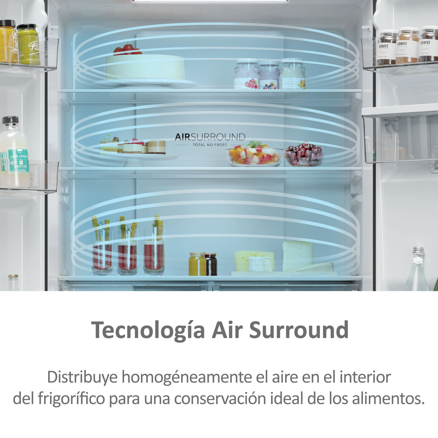 Interior del refrigerador con estantes y comida. Se destaca la tecnología Air Surround.