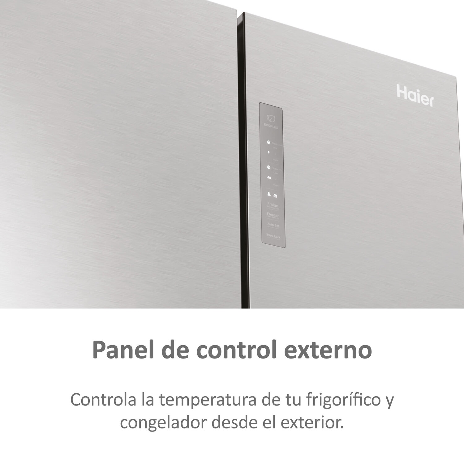 Primer plano del panel de control externo de un refrigerador Haier, que muestra los controles de temperatura y otras configuraciones.