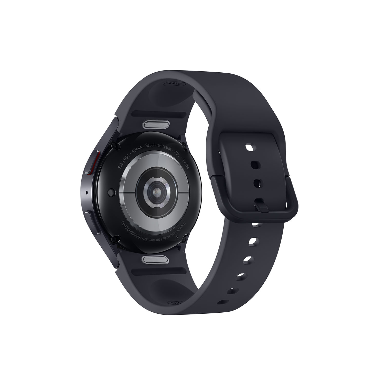 Vista trasera de un reloj inteligente negro con una correa gris oscuro.