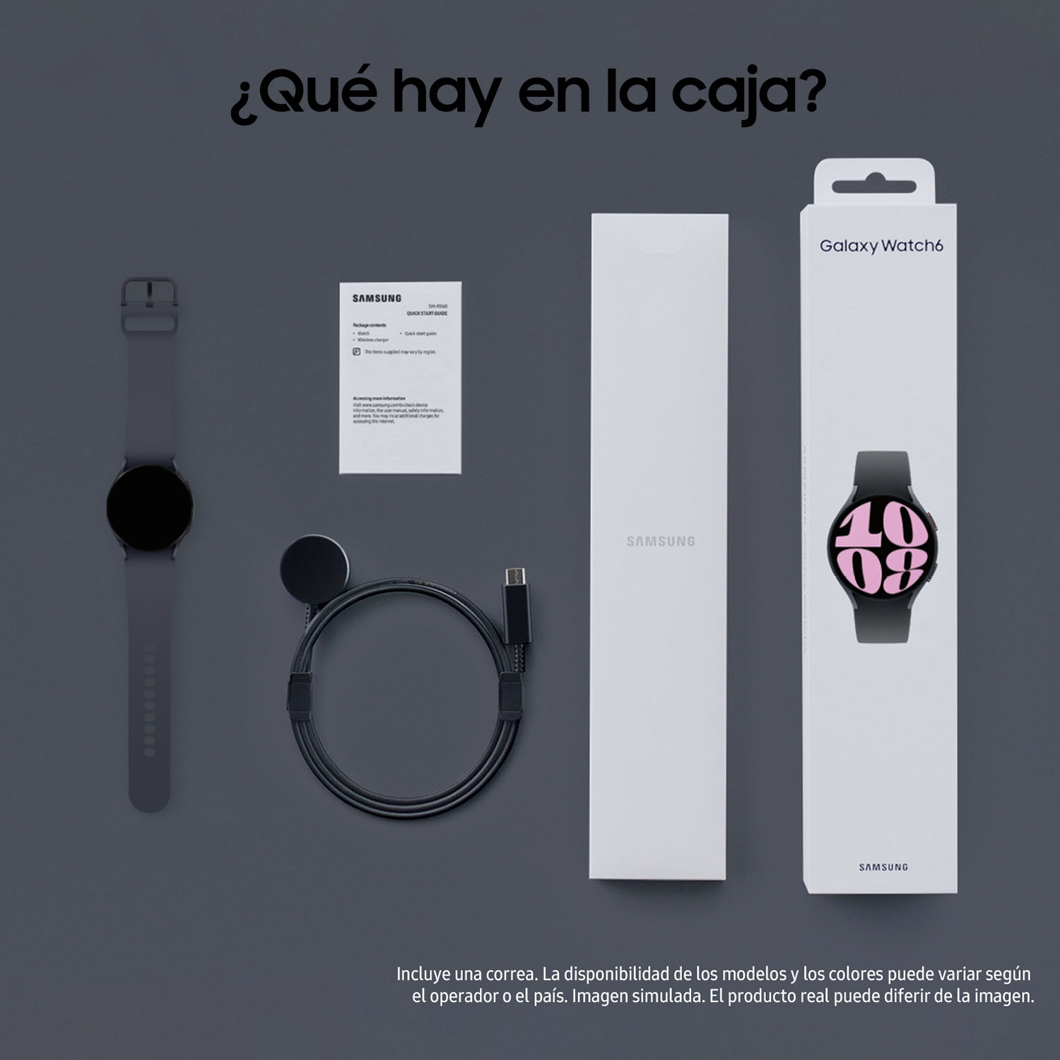 Una caja de Samsung Galaxy Watch6 con accesorios sobre una superficie gris. Incluye reloj, cargador, cable.